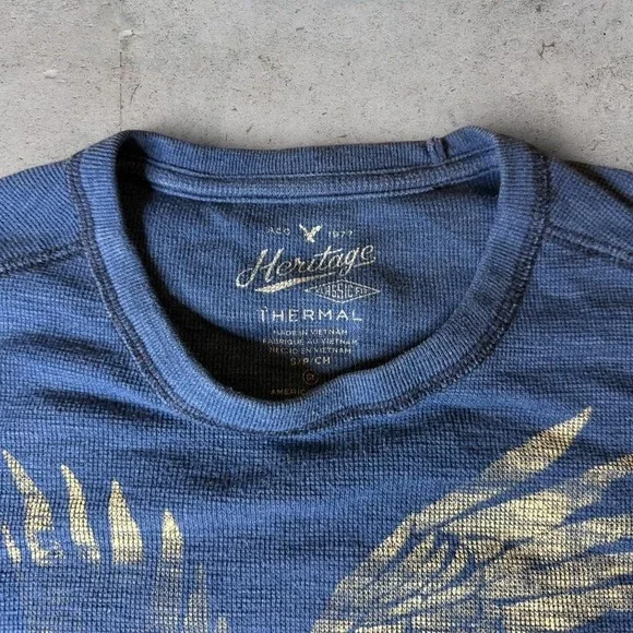Mens vintage American eagle Navy blue Grunge Y2K thermal Longsleeve shirt size s - Picture 3 of 4